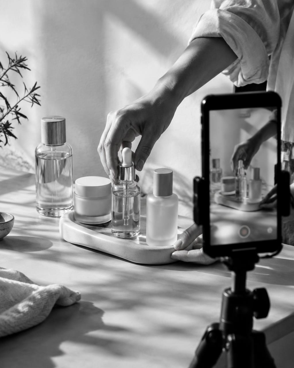 Skincare products being arranged for a smartphone shoot