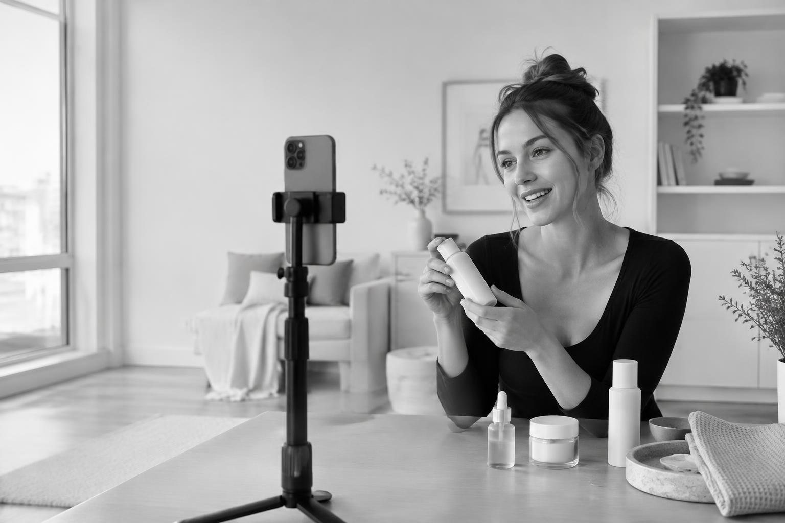 Creator filming a skincare demonstration on a smartphone